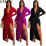Plus Size Dress Europe and America sexy slit dress Amazon autumn and winter New V neck long sleeve pleated dress