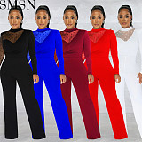 Bodycon jumpsuit Amazon fashion women dot mesh sheer long sleeve trousers solid color jumpsuit