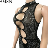 One piece jumpsuit Amazon fashion women wear mesh see through rhinestone sleeveless trousers jumpsuit