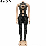 One piece jumpsuit Amazon fashion women wear mesh see through rhinestone sleeveless trousers jumpsuit