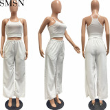 3 piece outfits solid color casual vest round neck flared sleeves wide leg pants three piece set