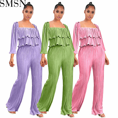 2 piece outfits Amazon autumn new off shoulder wooden ear pleated temperament commute two pieces