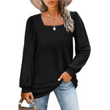 2022 Amazon women's autumn loose casual puff sleeve square collar long sleeve T-shirt