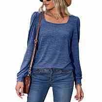 2022 Amazon women's autumn loose casual puff sleeve square collar long sleeve T-shirt