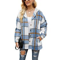2022women's autumn and winter ladies plaid coat hooded casual loose shirt