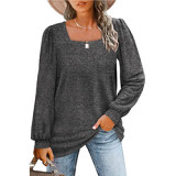 2022 Amazon women's autumn loose casual puff sleeve square collar long sleeve T-shirt