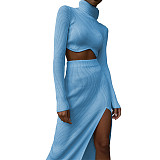 Two piece set women clothing Amazon new autumn and winter thread turtleneck irregular skirt slit slim suit
