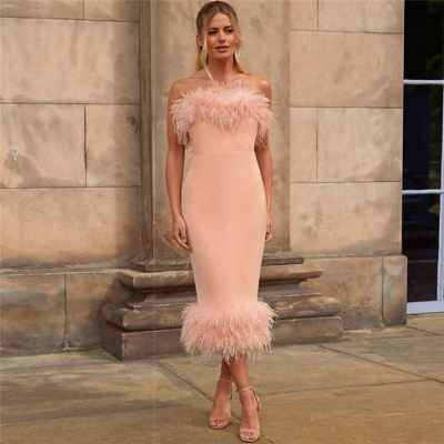 Wholesale solid tassel elegant dress bodycon sleeveless feather dress for women