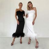Wholesale solid tassel elegant dress bodycon sleeveless feather dress for women
