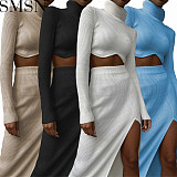 Two piece set women clothing Amazon new autumn and winter thread turtleneck irregular skirt slit slim suit