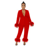 Two piece set women clothing velvet long sleeved trousers V neck solid color two piece set