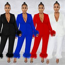 Two piece set women clothing velvet long sleeved trousers V neck solid color two piece set