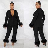 Two piece set women clothing velvet long sleeved trousers V neck solid color two piece set
