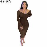 Plus Size Dress European and American V neck off the shoulder thread slim fit sexy dress
