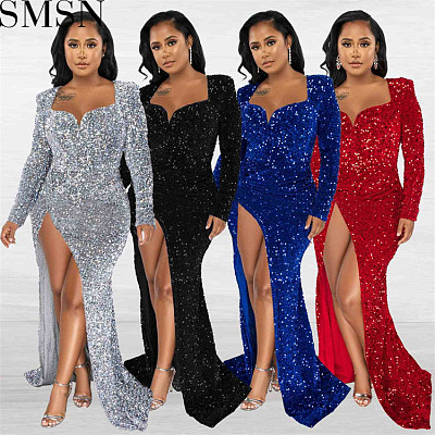 Plus Size Dress sexy slim V neck wrapped chest sequined mopping dress nightclub uniforms