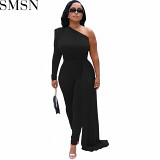 Sexy women jumpsuits fashion casual shoulder irregular solid color jumpsuit