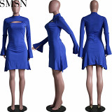 Plus Size Dress casual fashion round neck long sleeve split solid color dress
