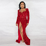 Plus Size Dress sexy slim V neck wrapped chest sequined mopping dress nightclub uniforms