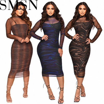 Plus Size Dress Amazon see through mesh camisole printed sexy dress with lining