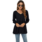Europe and America 2022 Amazon autumn and winter New V-neck bubble long sleeve waist top