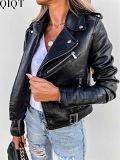 2022 fall and winter jacket top PU leather coat motorcycle short zipper