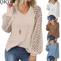 2022 Amazon women autumn and winter waffle lace puff sleeve V neck long sleeve top