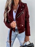 2022 fall and winter jacket top PU leather coat motorcycle short zipper