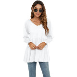 Europe and America 2022 Amazon autumn and winter New V-neck bubble long sleeve waist top