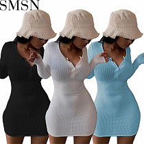 Plus Size Dress Amazon new V neck threaded long sleeve four-button slim fit sexy dress