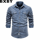 2022 trade autumn and winter denim shirt for men quality heavy industry washed distressed shirt men