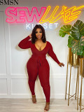 Sexy women jumpsuits 2022 autumn and winter thread V neck lace up solid color slim jumpsuit