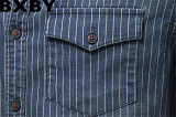 2022 foreign trade high quality heavy industry washed distressed striped denim shirt