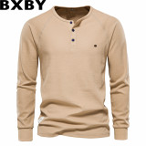 Fall winter men base shirt Henry collar long sleeve waffle T shirt men solid color men T shirt