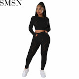 2 piece outfits autumn and winter New elastic high waist ripped burnt-out trousers sexy two piece suit