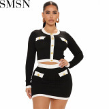 2 Piece Set Wome 2022 thread round neck contrast color long sleeve short dress elegant outfit