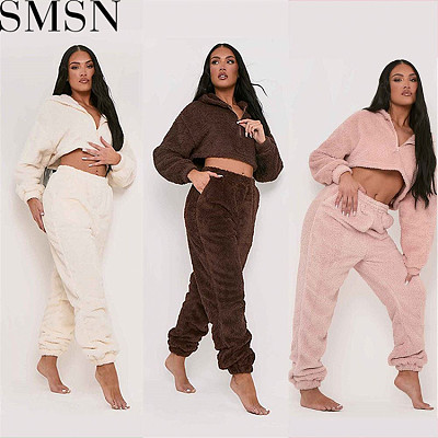 Two piece set women clothing thickened double sided fleece hooded suits