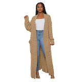Autumn and winter New loose knitted cardigan idle style pocket long cable knit sweater coat
