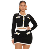 2 Piece Set Wome 2022 thread round neck contrast color long sleeve short dress elegant outfit