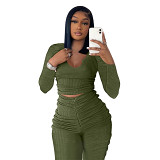 2 piece set women Amazon 2022 Fall Winter Fashion U neck long sleeved trousers pleating casual suit
