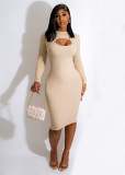 Plus size dress 2022 autumn European and American ins fashion knitting sunken Stripe slim fit hollow dress