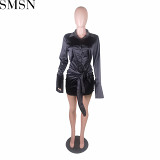 Plus Size Dress Amazon Fashion sexy high elasticity V neck lace up lapel long sleeve dress