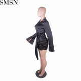 Plus Size Dress Amazon Fashion sexy high elasticity V neck lace up lapel long sleeve dress