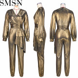 Sexy women jumpsuits Amazon bronzing sunken stripe pleated zipper V neck waist jumpsuit