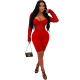 Sexy women jumpsuits fashion women solid color long sleeve shorts mesh see through jumpsuit