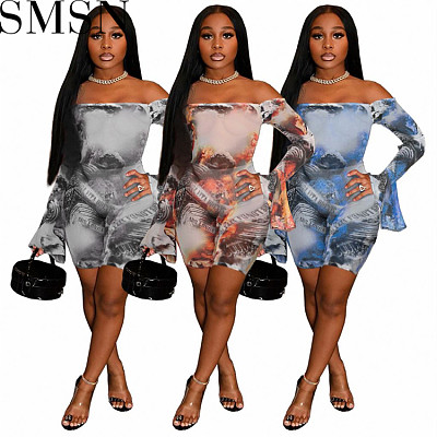 One piece jumpsuit nightclub sexy transparent mesh floral print bell sleeve off shoulder jumpsuits