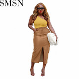European and American sexy solid color fashion high quality stretch split bandage leather skirt
