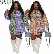 Plus Size Dress Amazon cross border cotton plaid stitching contrast color button shirt dress
