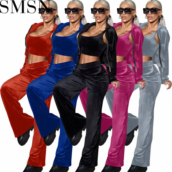 3 piece outfits fashion women clothing solid color Zipper fashion casual exercise three piece set