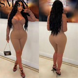 Sexy women jumpsuits fashion women solid color long sleeve shorts mesh see through jumpsuit