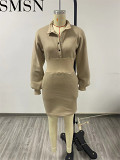 Plus size dress European and American autumn winter sweater fabric thread waist casual dress